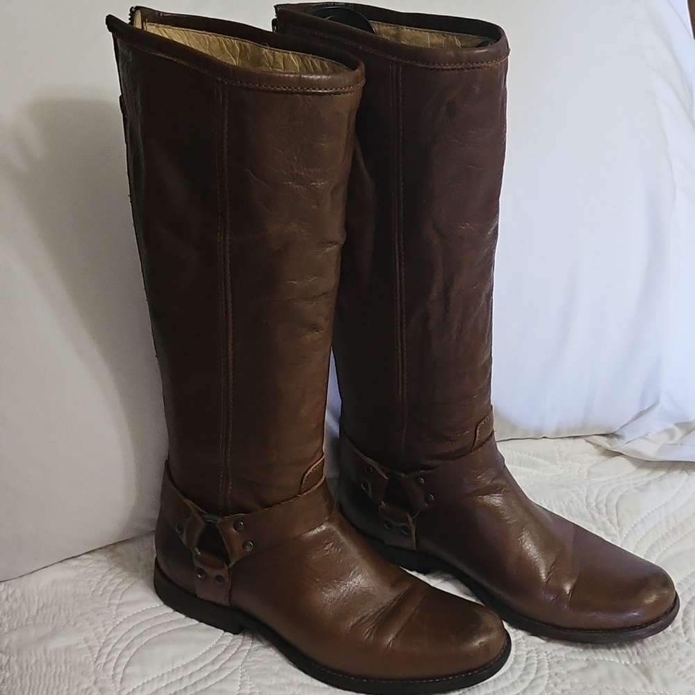 Frye Phillip Harness Tall Boots, Cognac Sz 7.5